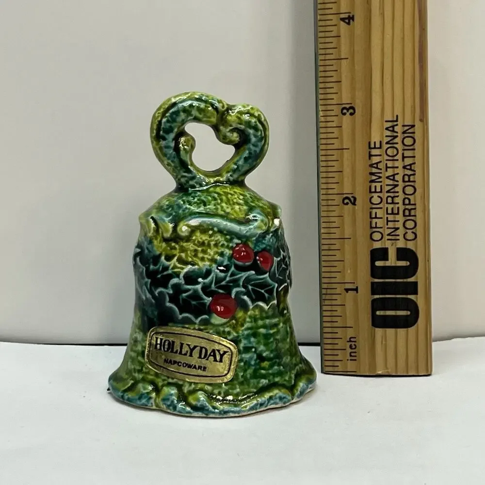 napcoware holly day ceramic green glaze bell vintage christmas 70s‎